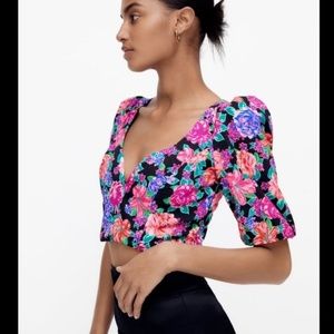 Zara - Floral Print Puff Short Sleeves Sweetheart Neckline Crop Top Blouse - NEW